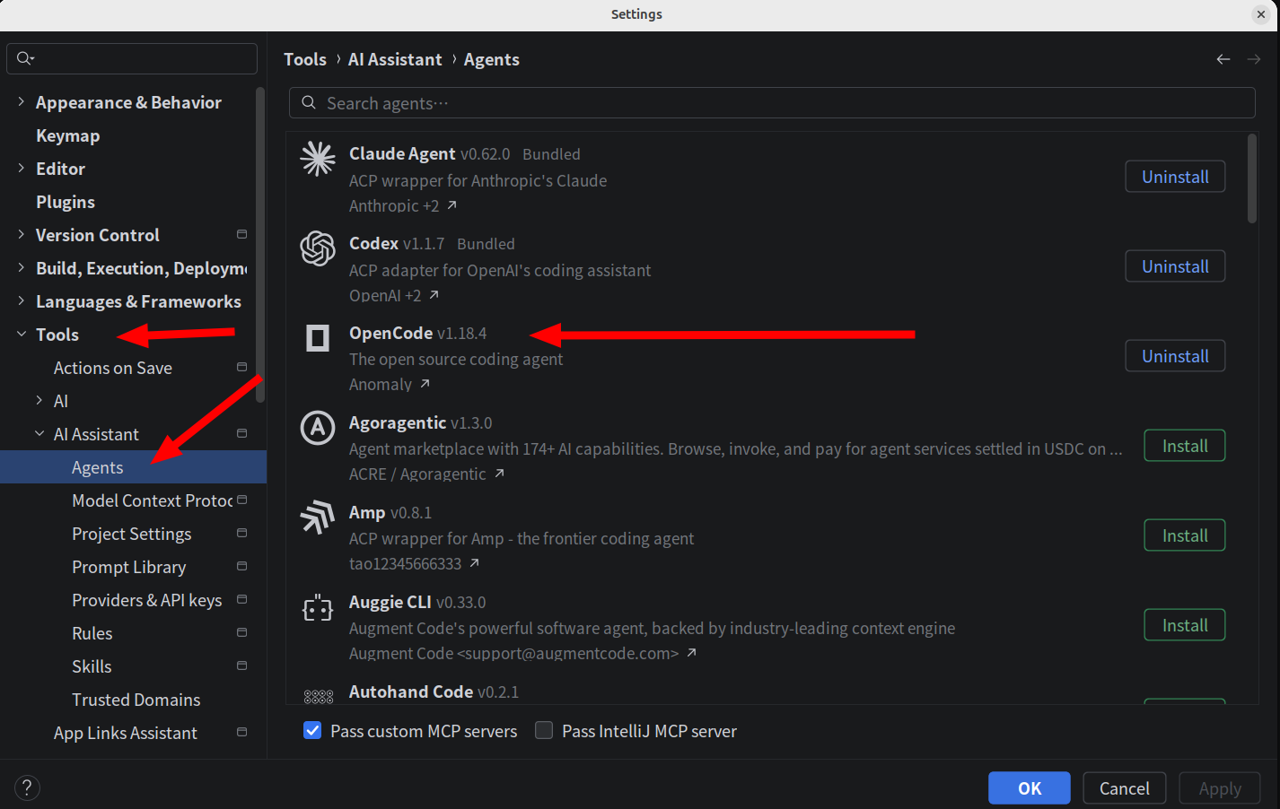 在 AI Assistant 设置中安装 OpenCode Agent
