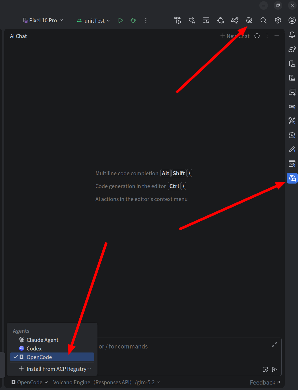 在 AI Assistant 中选择 OpenCode Agent